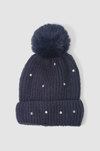 Stella Diamond Faux Fur Pom Pom Beanie Hat - Navy