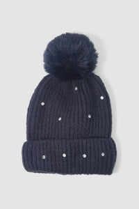 Stella Diamond Faux Fur Pom Pom Beanie Hat - Navy