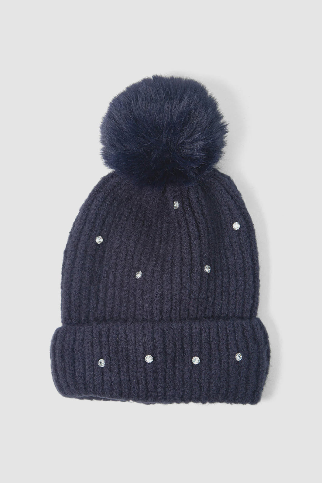 Stella Diamond Faux Fur Pom Pom Beanie Hat - Navy