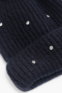 Stella Diamond Faux Fur Pom Pom Beanie Hat - Navy