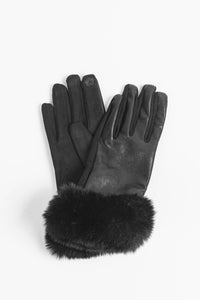 Maya Vegan Leather & Faux Fur Trim Gloves - Black