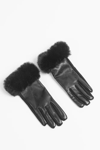 Maya Vegan Leather & Faux Fur Trim Gloves - Black