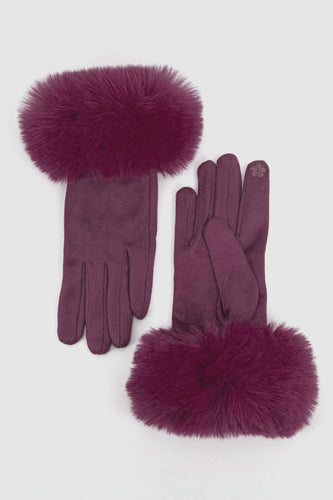 Zara Velvet Style Faux Fur Trim Gloves - Berry