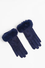 Load image into Gallery viewer, Zara Velvet Style Faux Fur Trim Gloves - Navy Blue