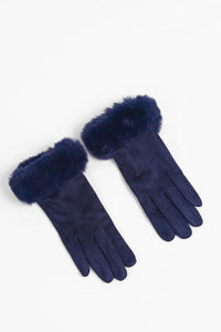 Zara Velvet Style Faux Fur Trim Gloves - Navy Blue