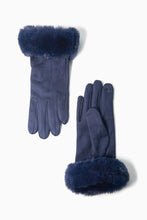 Load image into Gallery viewer, Zara Velvet Style Faux Fur Trim Gloves - Navy Blue