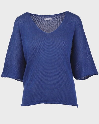 Elena Cotton Blend V Neck Fine Knit Top - French Navy