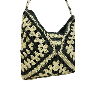 Madeleine Crochet Straw Shoulder Bag - Black