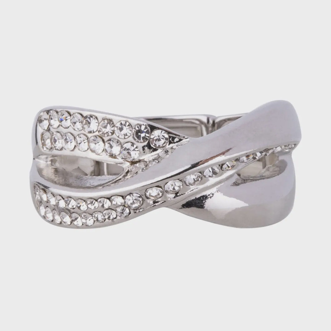 Kylie Crystal Crossover Ring - Silver Rhodium