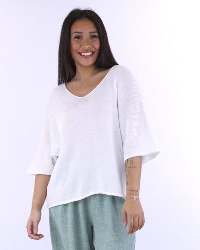 Elena Cotton Blend V Neck Fine Knit Top - White