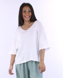 Elena Cotton Blend V Neck Fine Knit Top - White
