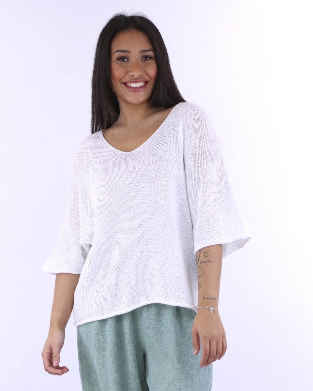 Elena Cotton Blend V Neck Fine Knit Top - White