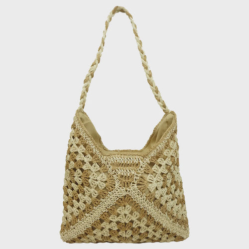 Madeleine Crochet Straw Shoulder Bag - Camel