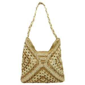 Madeleine Crochet Straw Shoulder Bag - Camel