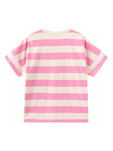 CUBIC Heart Slogan Striped Cotton Tee - Pink & White