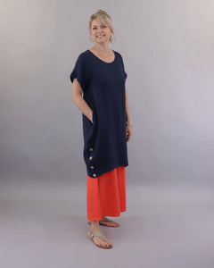 Caterina Coconut Button Linen Dress - Navy
