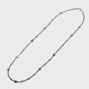 Venus Semi Precious Stone, Crystal & Mother of Pearl Long Beaded Necklace - Gold & Grey
