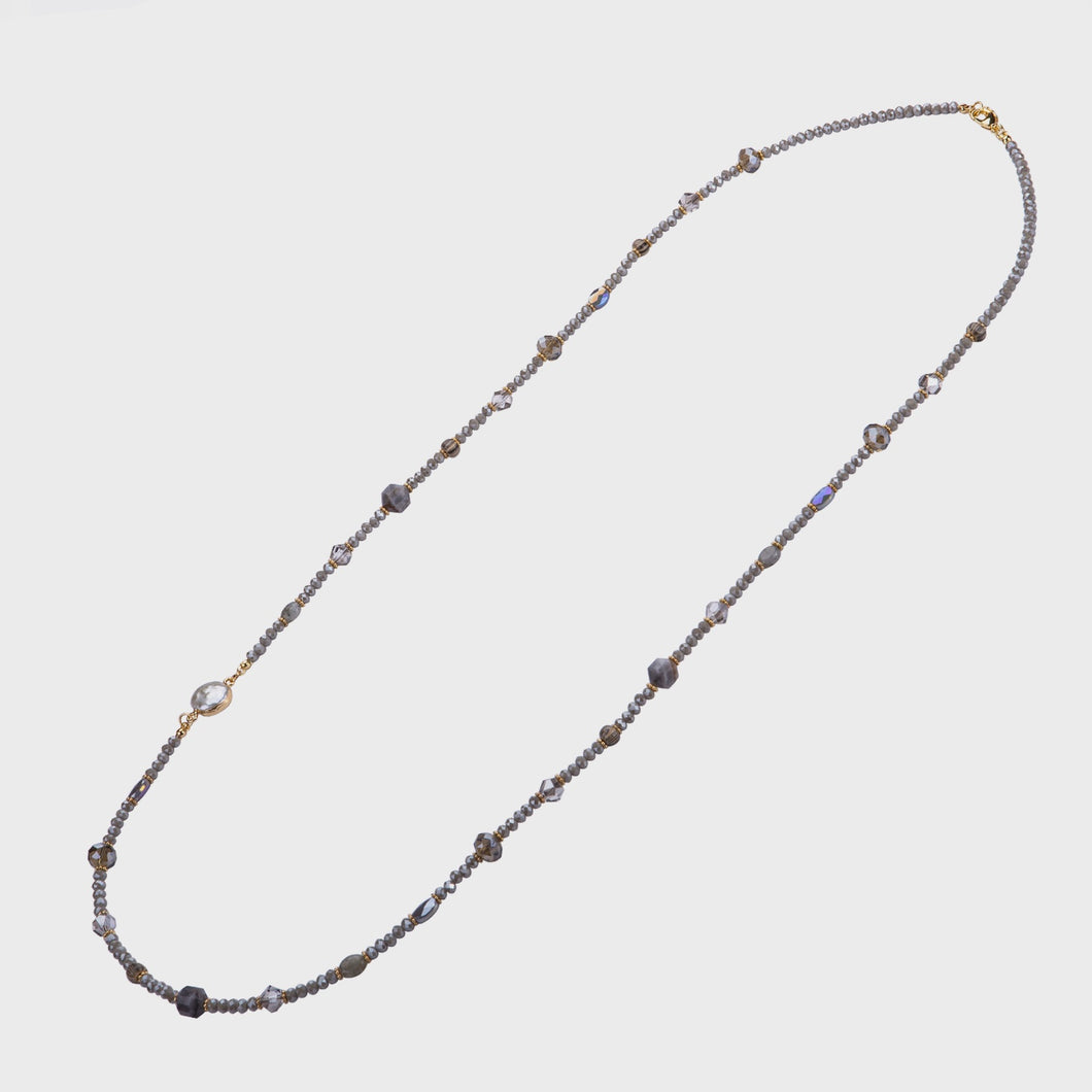 Venus Semi Precious Stone, Crystal & Mother of Pearl Long Beaded Necklace - Gold & Grey