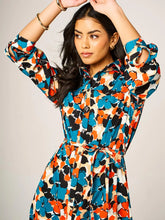 Load image into Gallery viewer, Aria Floral Print Midi Shirt Dress - Teal, Orange &amp; Black