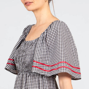 Angelica Shirred Wavy Trim Maxi Dress - Black & White Gingham
