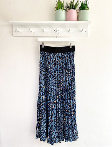 Athena Leopard Print Pleated Skirt - Denim