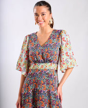 Load image into Gallery viewer, Sienna Contrast Floral Angel Sleeve Midi Dress