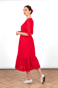 Aurelia Broderie Anglaise Midi Dress - Red