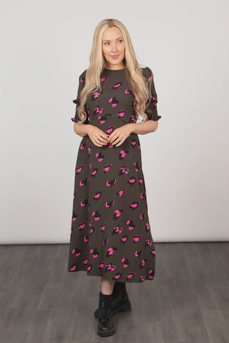 Hazel Animal Print Midi Dress - Khaki & Pink Leopard