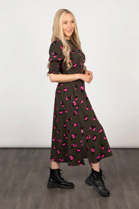 Hazel Animal Print Midi Dress - Khaki & Pink Leopard