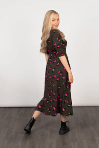 Hazel Animal Print Midi Dress - Khaki & Pink Leopard