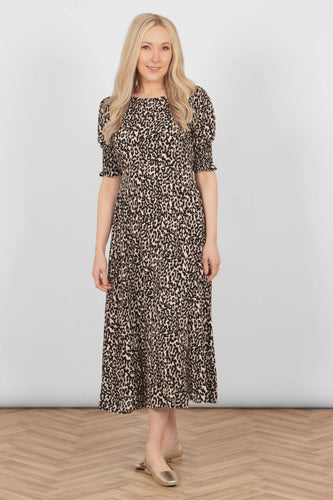 Hazel Leopard Print Midi Dress - Tan
