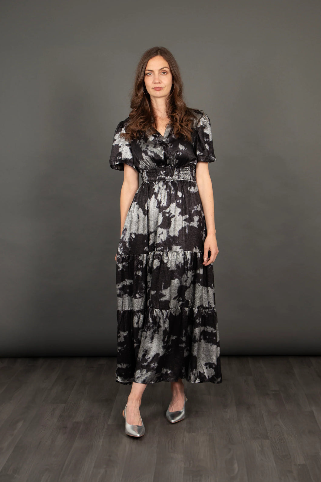 Roxy Tiered Metallic Oil Slick Maxi Dress - Black & Silver