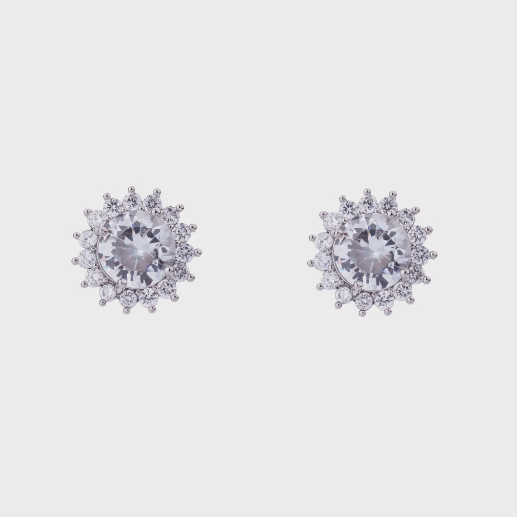 Elizabeth Round Cubic Zirconia Crystal Stud Earrings - Silver Rhodium