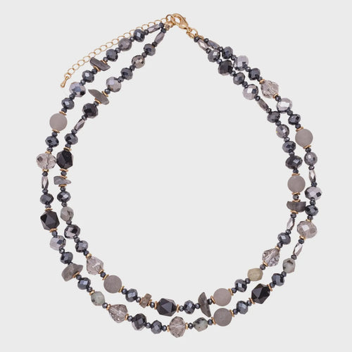 Venus Semi-Precious Stones & Natural Crystal Multi Strand Necklace - Black & Grey