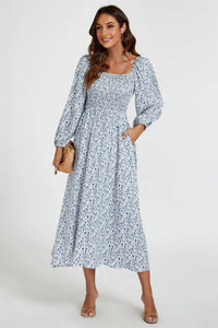 Isla Floral Print Shirred Maxi Dress - Pale Blue