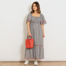 Load image into Gallery viewer, Angelica Shirred Wavy Trim Maxi Dress - Black &amp; White Gingham