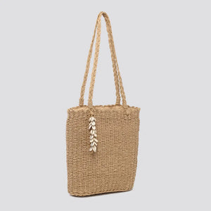 Poppy Hessian Tote Bag with Shell Charm - Camel