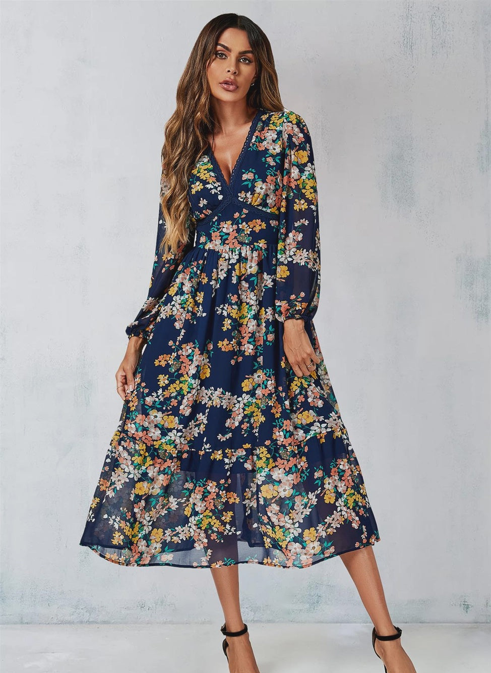 Azalea Floral Print Lace Trim Midi Dress