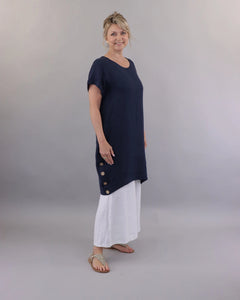 Caterina Coconut Button Linen Dress - Navy