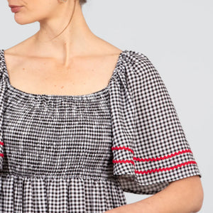Angelica Shirred Wavy Trim Maxi Dress - Black & White Gingham