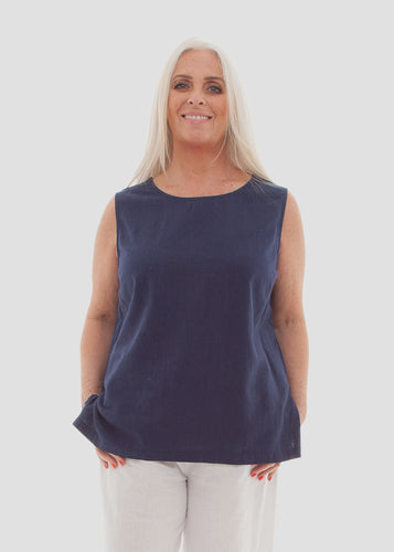 Cathy Linen Blend Sleeveless Top - Navy