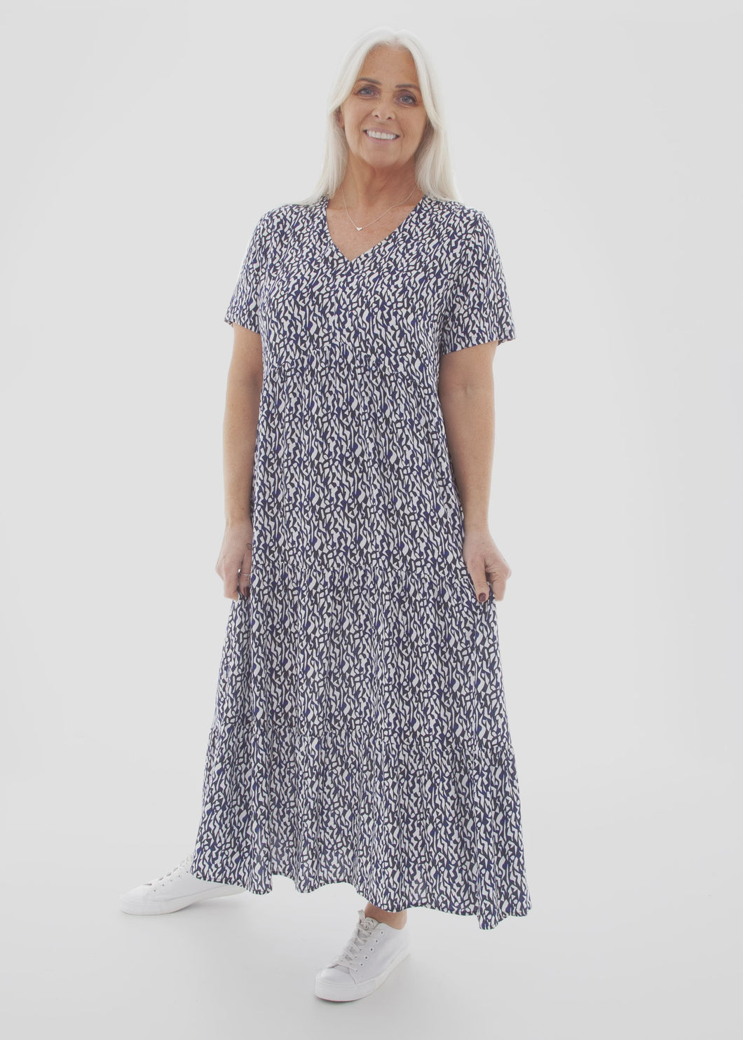 Gisele Abstract Print Tiered Midi Dress - Navy