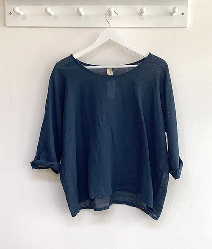 Amber Linen & Cotton Blend Top - Navy