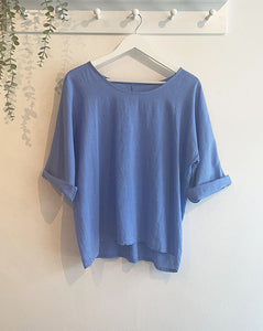 Amber Linen & Cotton Blend Top - Cornflower Blue