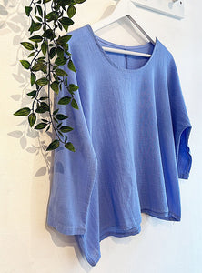 Amber Linen & Cotton Blend Top - Cornflower Blue