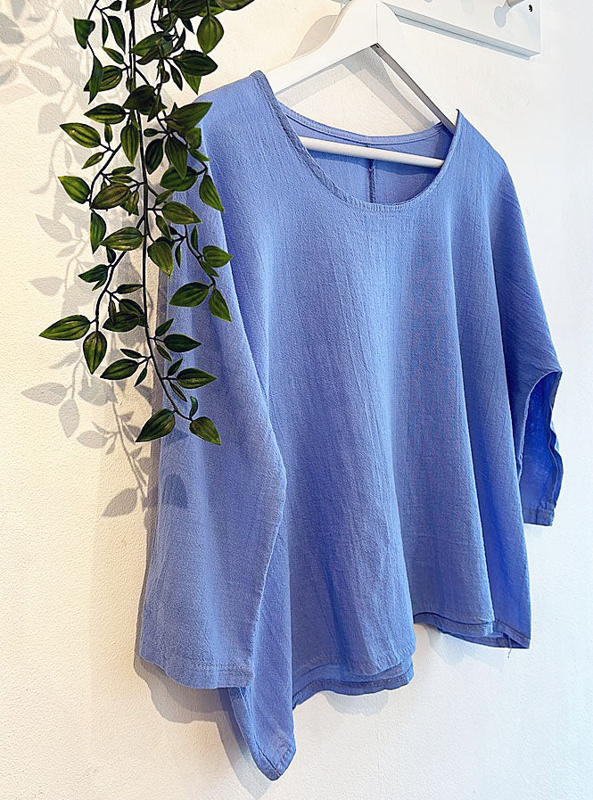 Amber Linen & Cotton Blend Top - Cornflower Blue