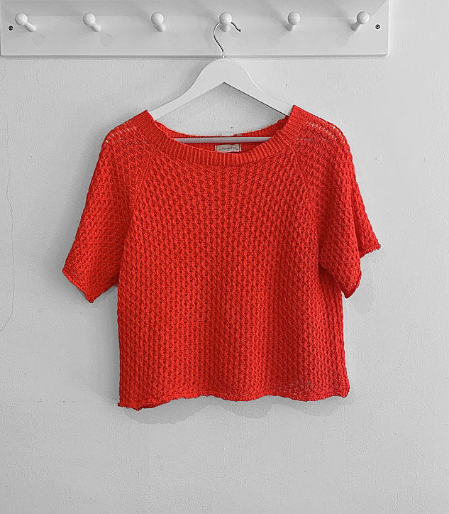 Angela Crochet Knit Cotton Jumper - Neon Coral