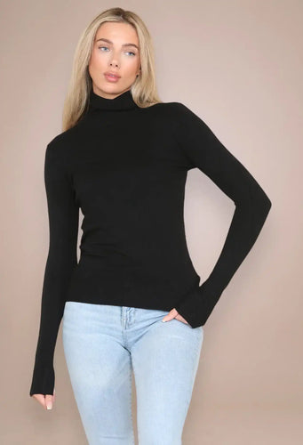 Agnes Plain Polo Neck Jumper - Black