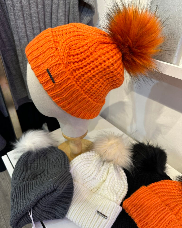 Beanie with real sales fur pom pom