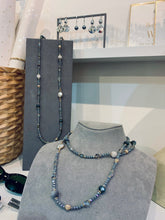 Load image into Gallery viewer, Venus Semi Precious Stone, Crystal &amp; Mother of Pearl Long Beaded Necklace - Gold &amp; Grey